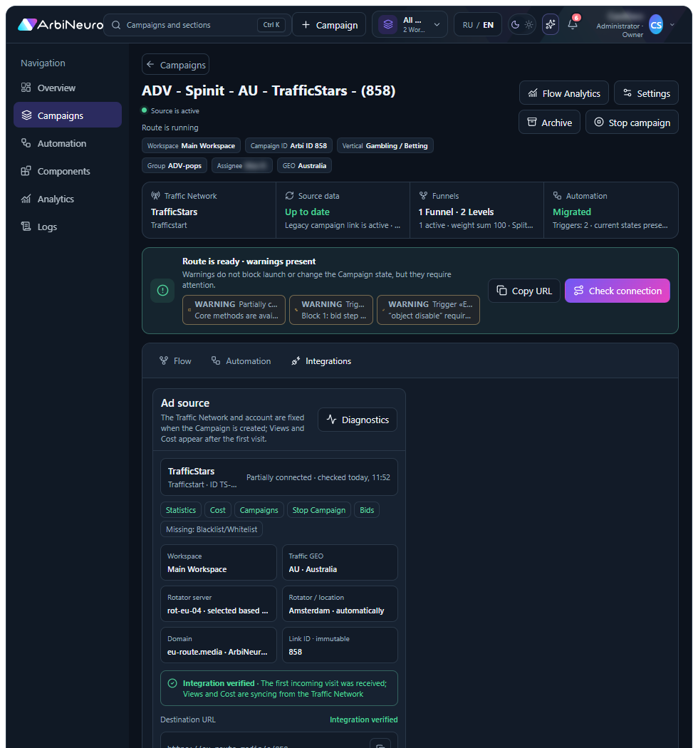Current ArbiNeuro integration diagnostics with a traffic-source account, S2S rule, and delivery history